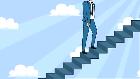 flat cartoon businessman character goes up the career ladder stairs animation