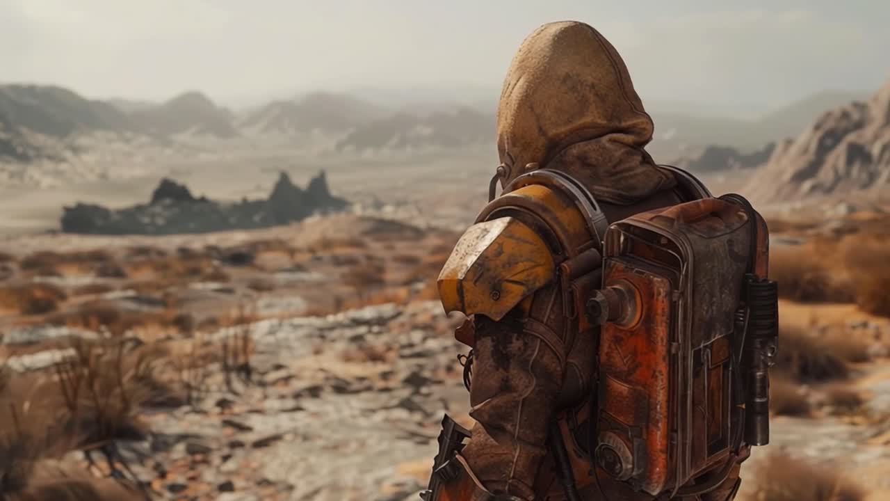 A Hooded Figure in a Post-Apocalyptic Desert Landscape