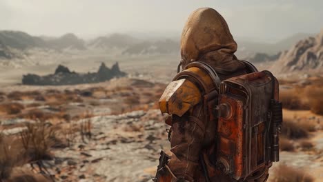 a hooded figure in a post-apocalyptic desert landscape