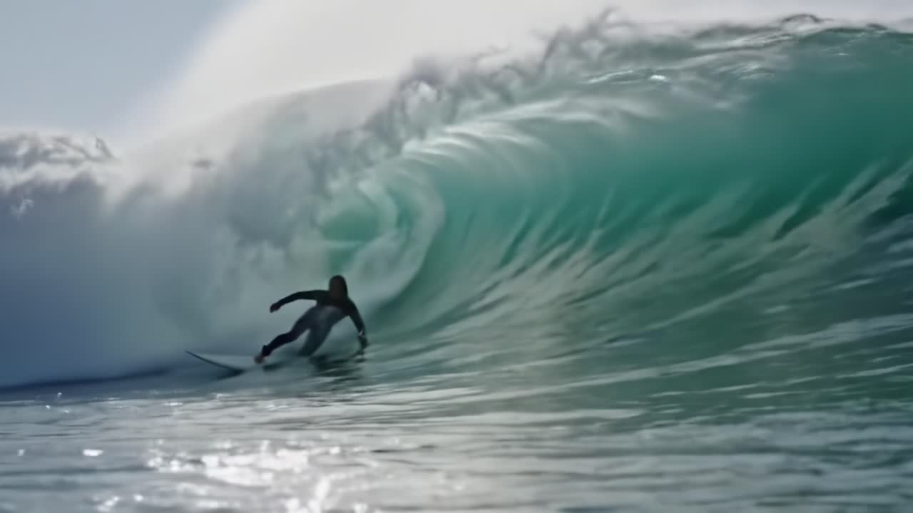 A Surfer Catches a Perfect Wave, Riding the Crest with Skill and Precision Under Bright Blue Skies and glistening Waters in This Exciting, Dynamic Moment