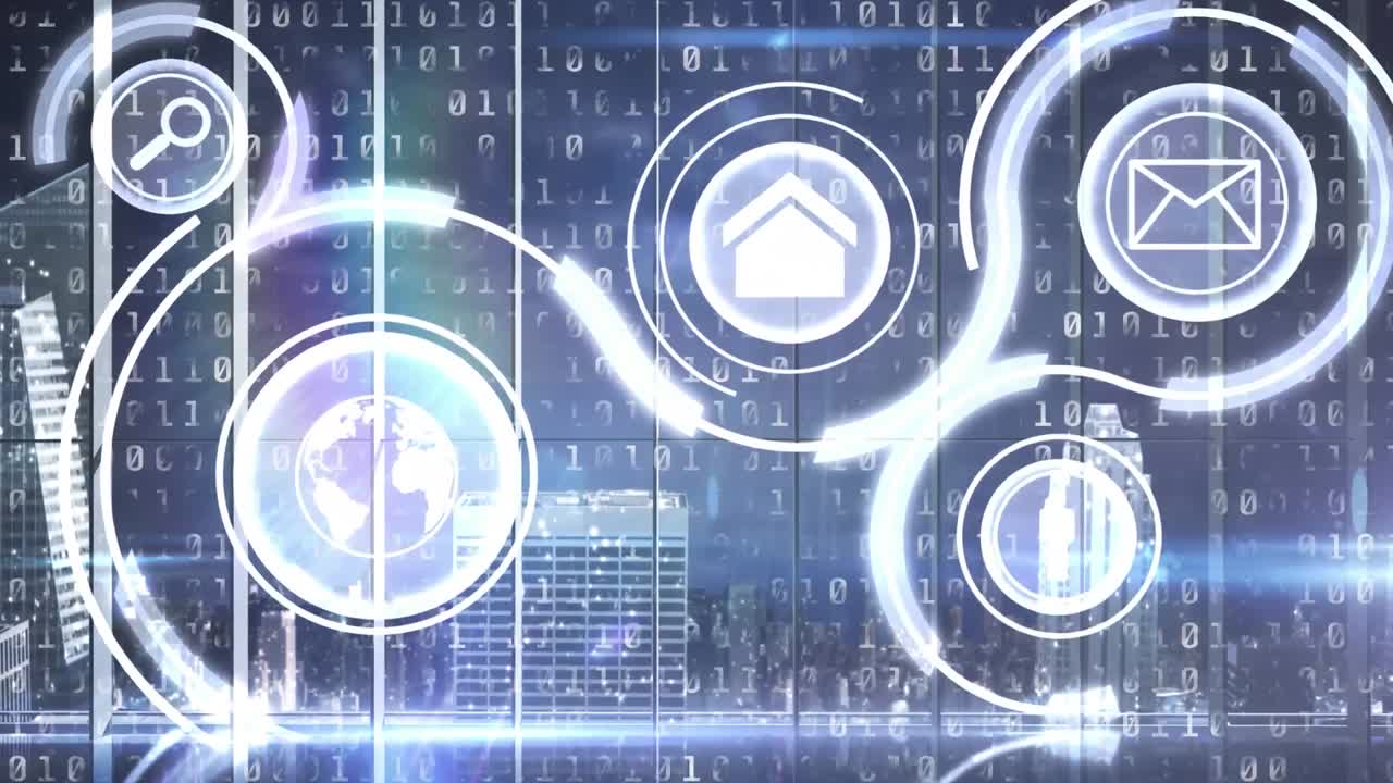 animación de iconos tecnológicos con círculos sobre números y un paisaje urbano