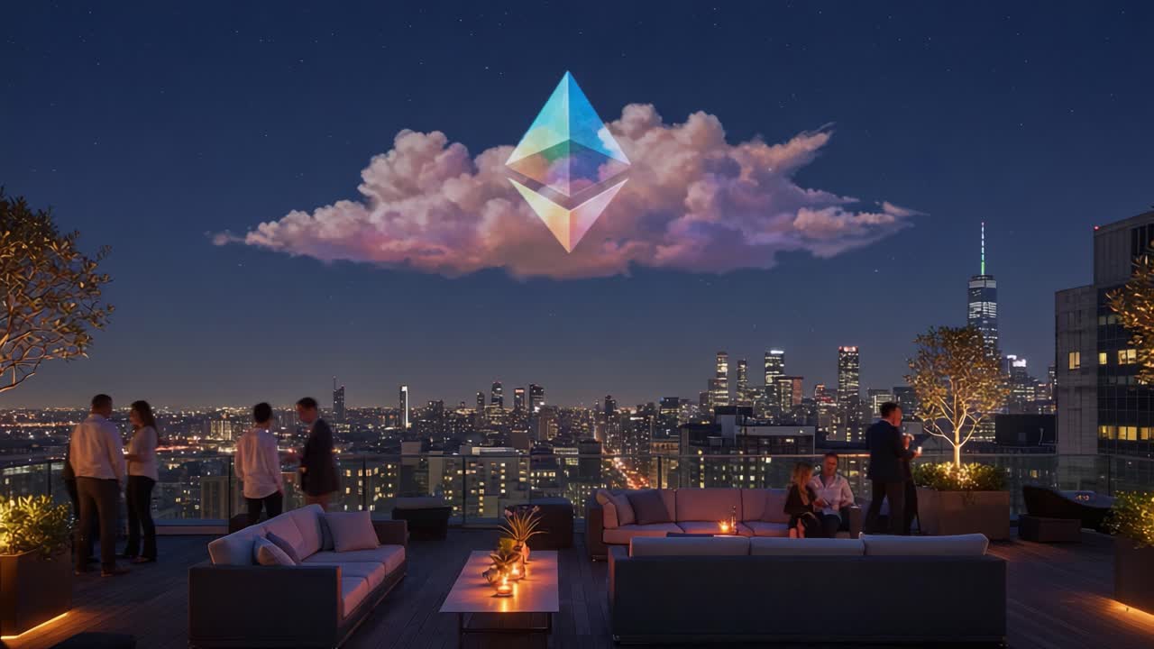 A Stunning Rooftop Evening: Vibrant City Skyline under a Dreamy Cloud Display with Geometric Shape Above, Inviting a Sense of Tranquility and Connection among Friends
