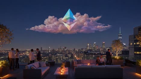 a stunning rooftop evening: vibrant city skyline under a dreamy cloud display with geometric shape above, inviting a sense of tranquility and connection among friends
