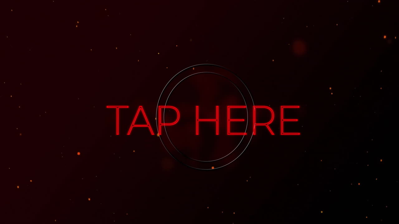 animación de toque aquí texto sobre luces brillantes sobre fondo negro
