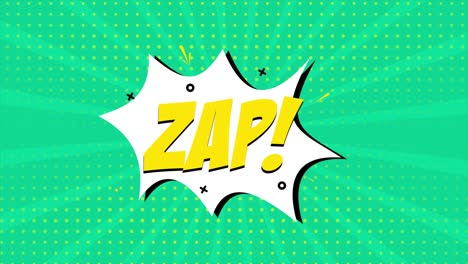 a comic strip cartoon animation, with the word zap appearing. green and halftone background, star shape effect