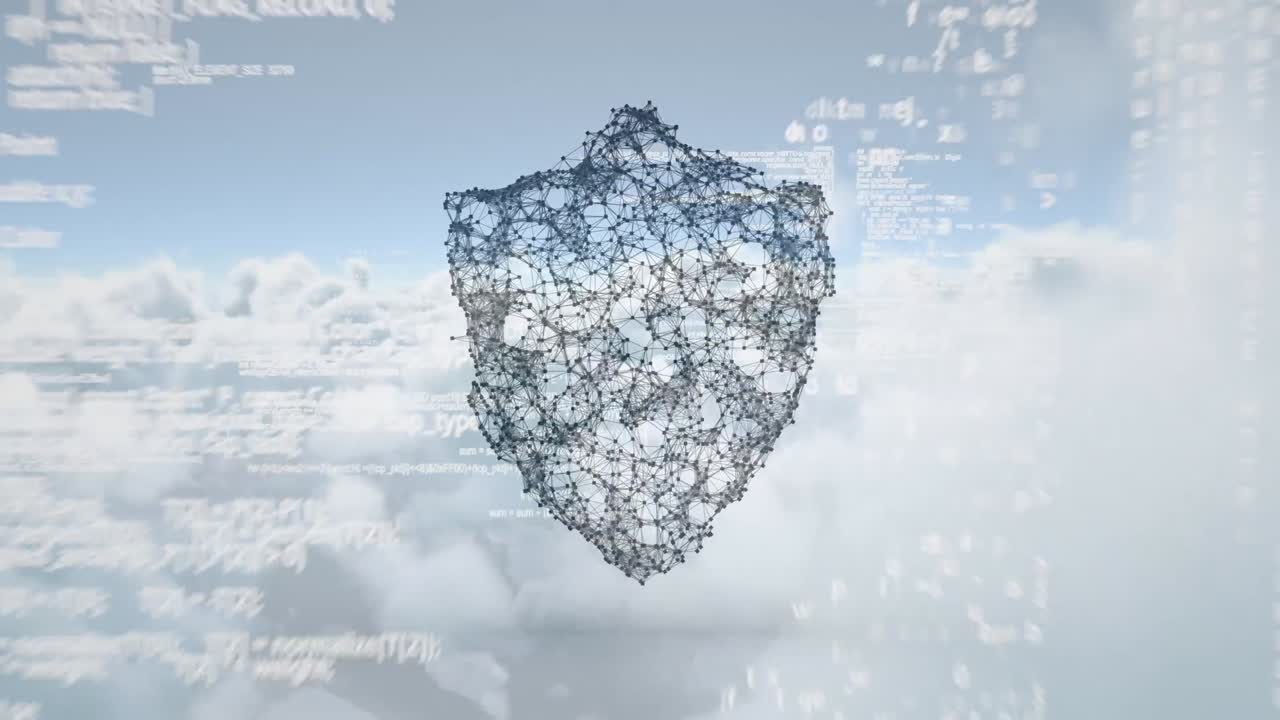 Animation of data processing and shield icon over sky with clouds