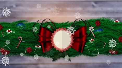 Animation-of-snowflakes-falling-over-red-ribbon-banner-with-copy-space-and-christmas-decorations