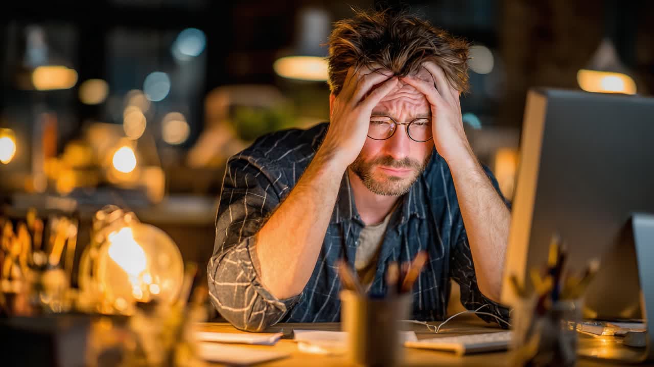 Frustrated Individual Struggling with Work-Related Stress Late at Night, Surrounded by Papers and Dim Lighting in a Cozy Workspace Environment