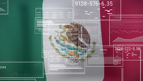 data processing animation over mexican flag with numerical and graphical elements