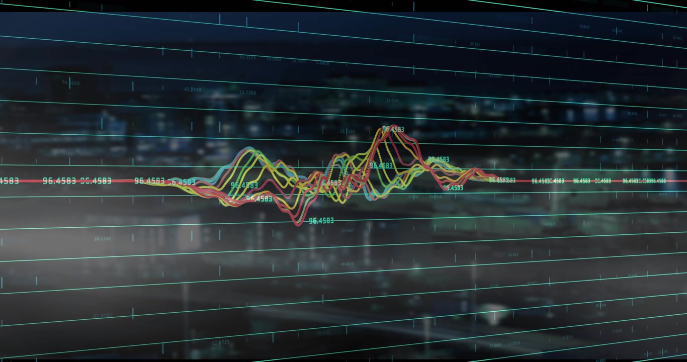 Opening grid waveform rippling shifting multicolor peaks updating data labels visualizing trends