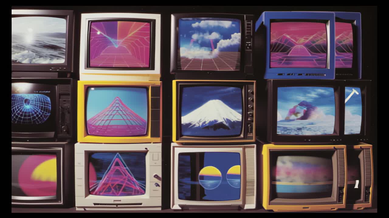 CRT televisions displaying looping vapor wave and synth wave style animations, neon grids, surreal mountains and sunsets, creating a nostalgic 1980s retro aesthetic background for creative projects