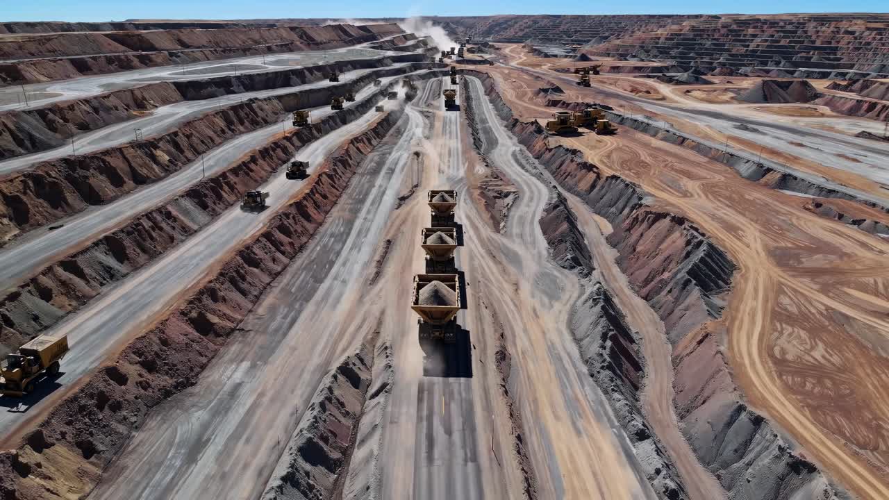 Aerial view of a mining site with trucks on terraced roads. The video captures the vast, rugged