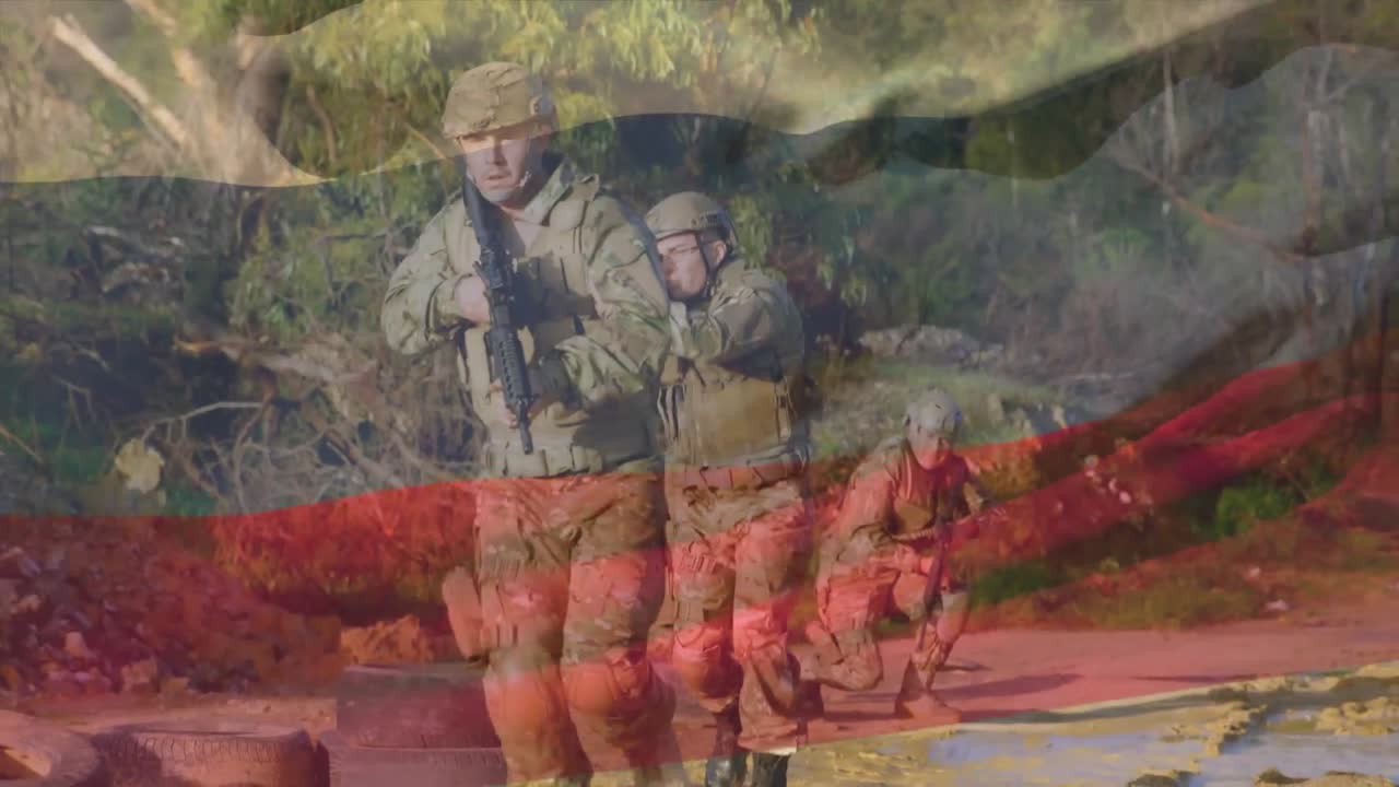 Animation of flag of russia over diverse soldiers