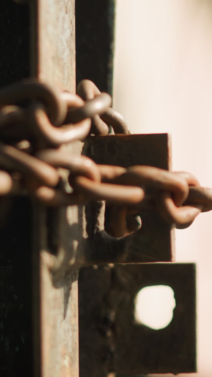 Vista macro de una cadena oxidada en la puerta de un almacén con eslabones de acero oxidado enroscados a través de un soporte y un orificio, luz cálida al atardecer y sombras largas, contraste cinematográfico y textura, acción implícita de un guardia o cerrajero
