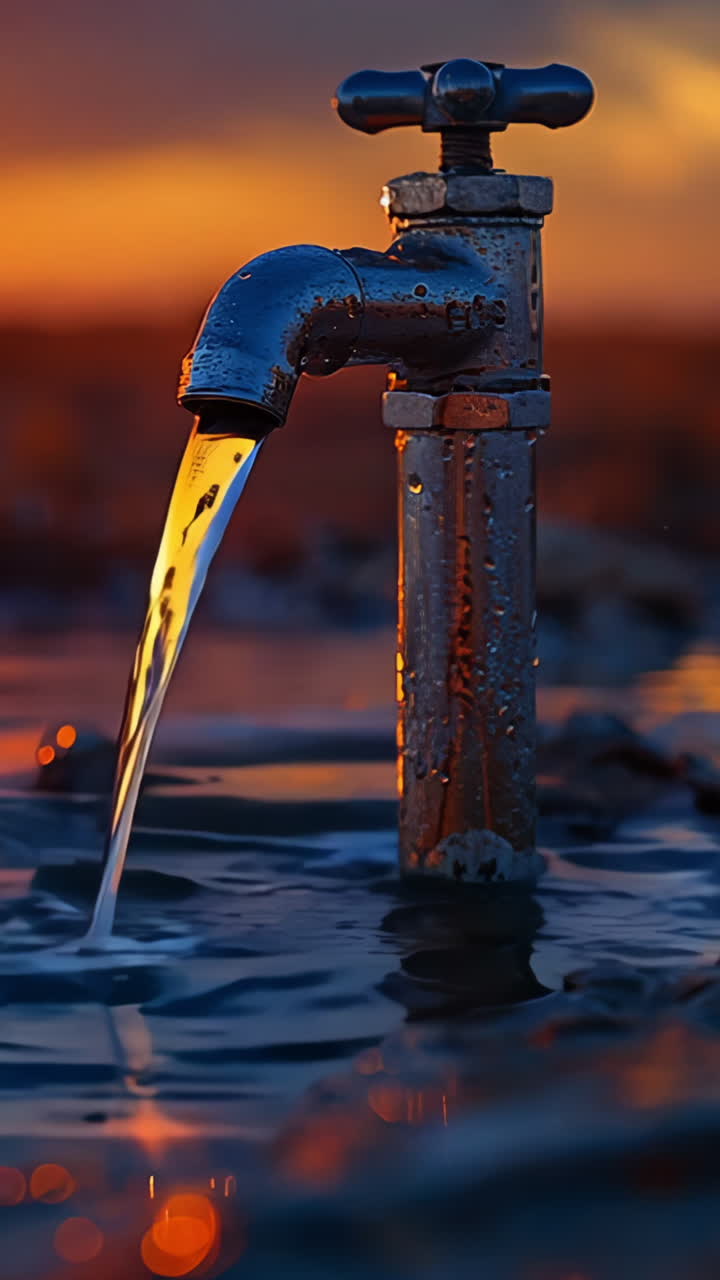 A faucet is dripping water into a puddle of water. The sun is setting in the background, creating a warm and peaceful atmosphere