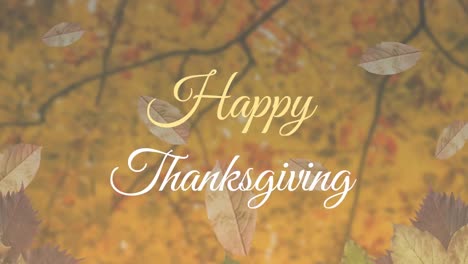 Animation-of-happy-thanksgiving-text-and-autumn-leaves-floating-against-low-angle-view-of-trees