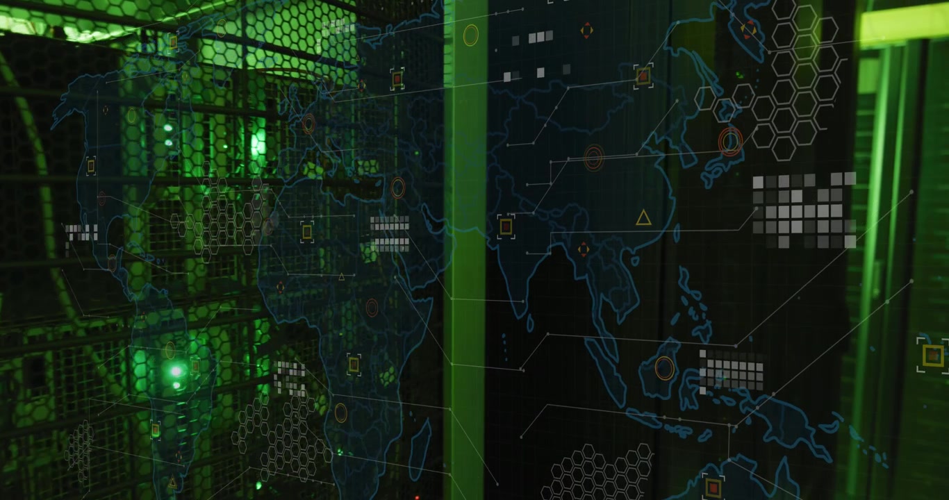 Digital World Map Overlay on Server Room Infrastructure
