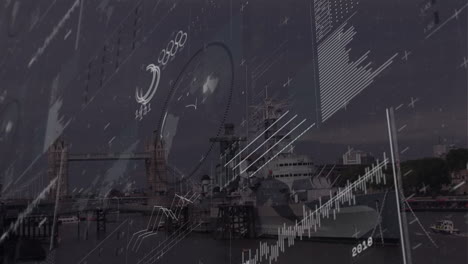 digital data overlays floating across river thames view, highlighting tower bridge and hms belfast