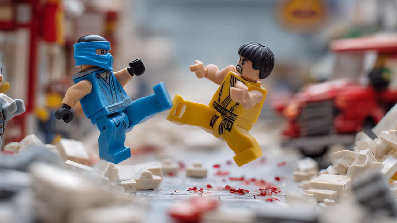 Lego figures in blue and yellow battle with red and black outfits amid city street scene with cars and buildings