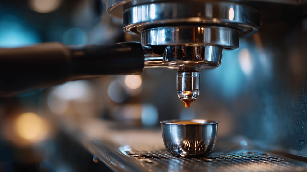 Coffee drips slowly into a small cup. Metal portafilter gleams under warm light. Steam and focus define the moment. Barista's hands work with quiet precision. Perfect pour creates rich, aromatic brew