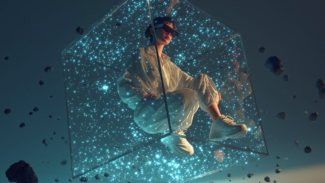 Woman in a Futuristic Virtual Reality Cube Surrounded by Stars