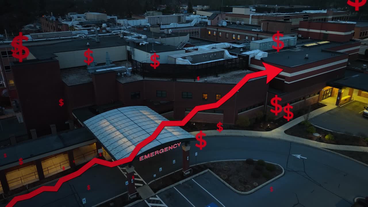 달러 기호 애니메이션과 함께 빨간색 상향 화살표를 가진 병원의 응급실