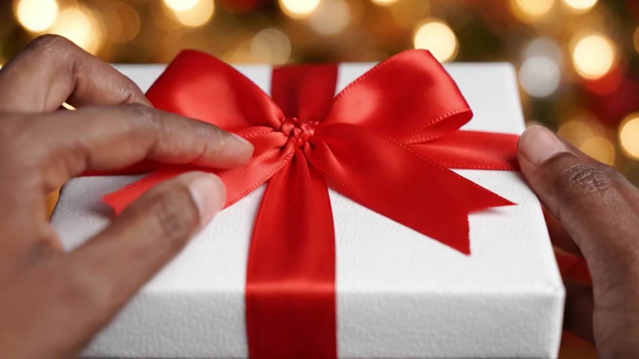 A beautifully wrapped gift with a bright red ribbon, held delicately in hands against a warm, blurred background filled with glowing lights, symbolizing celebration and joy.