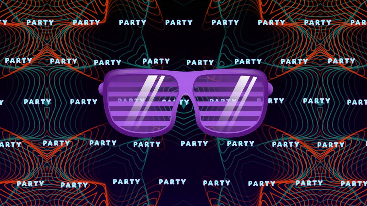 animación de gafas de sol de fiesta púrpura sobre el texto de neón de la fiesta en repetición sobre el patrón