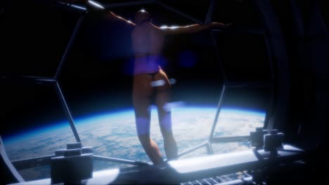 mujer observando la tierra desde las ventanas de la estación espacial tierra azul y nubes