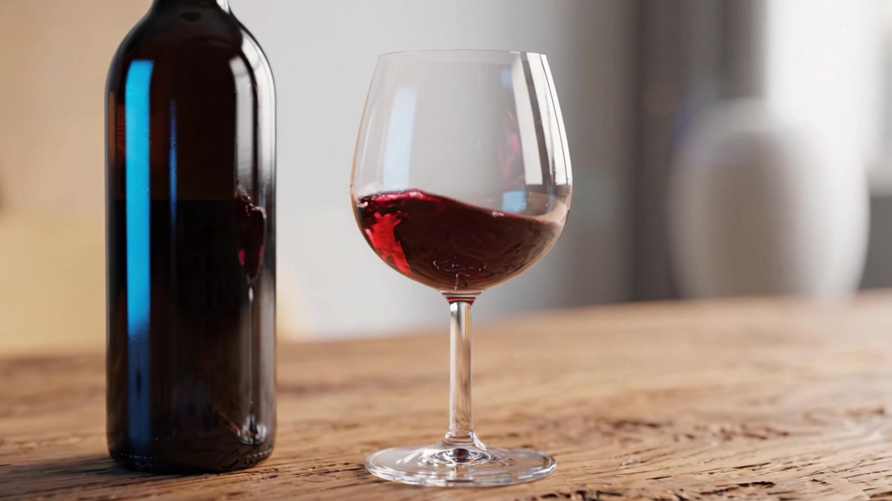 Un elegante bicchiere di vino rosso accanto a una bottiglia su un tavolo di legno rustico, che cattura un momento di relax e indulgenza in un ambiente accogliente.