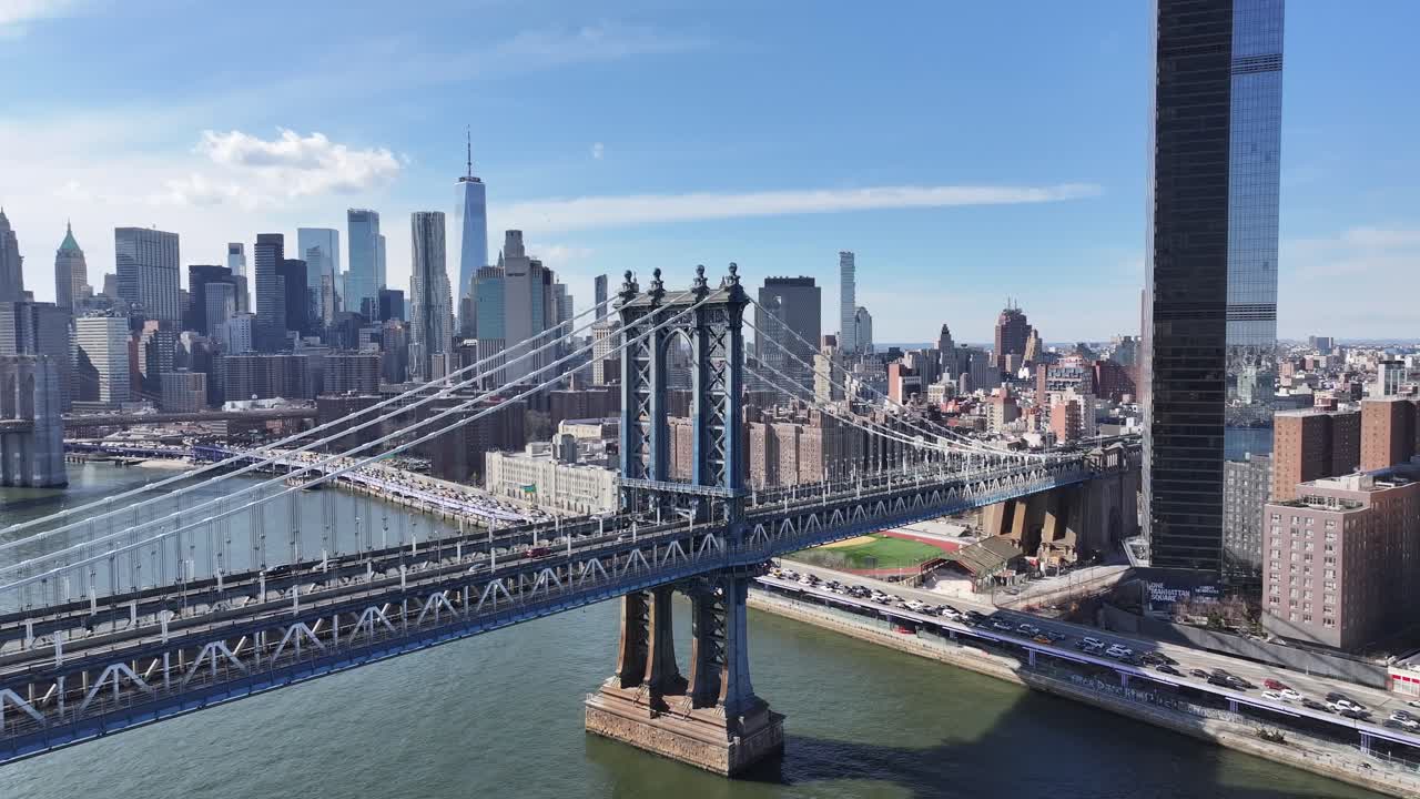 Manhattan Bridge At Manhattan In New York United States. Highrise Buildings Scenery. Cable Bridge Landscape. Manhattan Bridge At New York United States. Freeway Road Background.