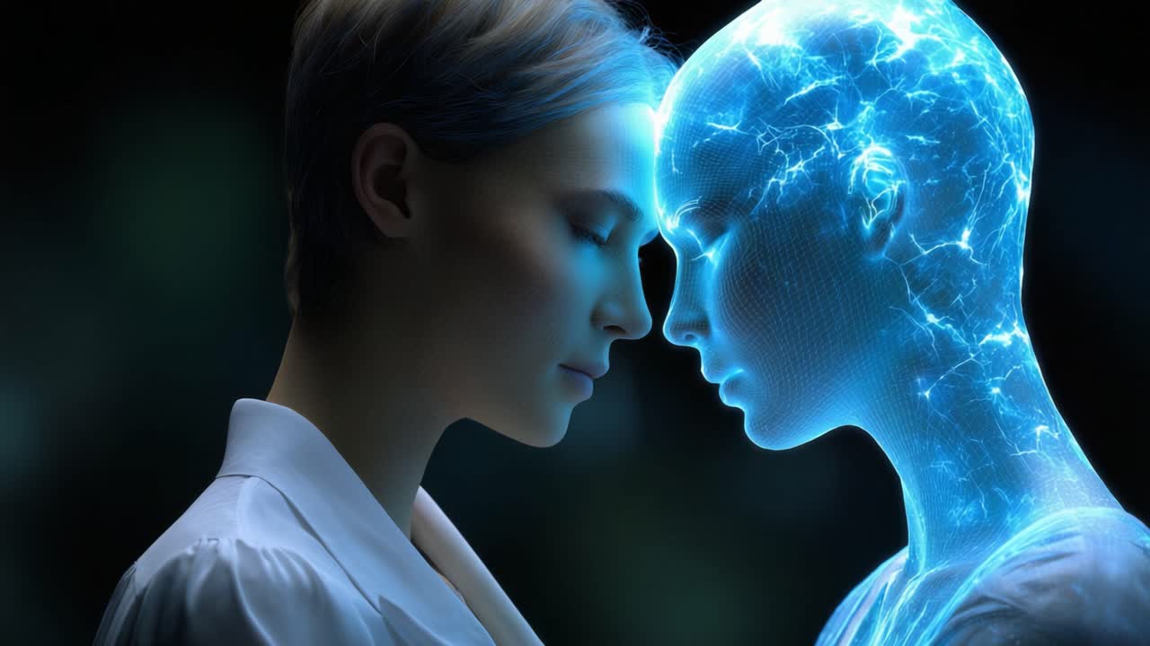 Un incontro affascinante tra l'umanità e l'intelligenza artificiale, che mostra la connessione tra un essere umano e un'entità cibernetica futuristica in un'ambientazione mistica