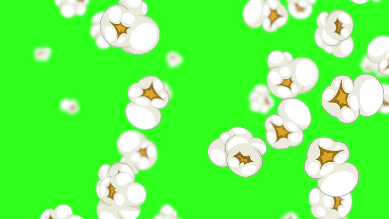 Animazione di pioggia di popcorn in loop con chicchi fluttuanti su sfondo chroma key verde vivido