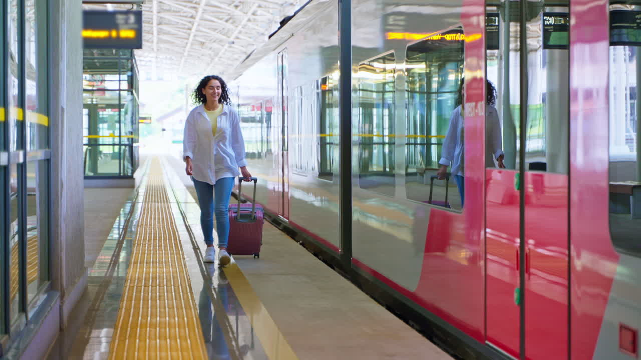 mujer caminando en la estación de tren con equipaje