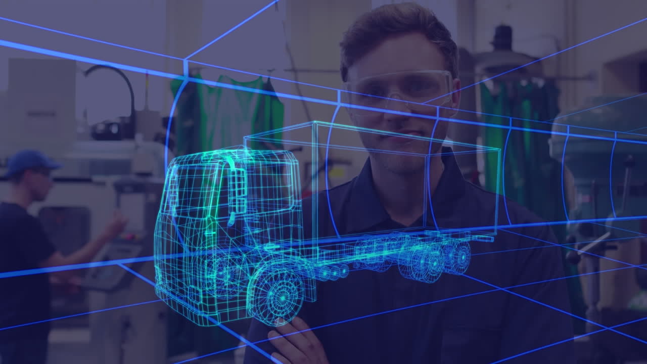 animación de un dibujo de coche en 3d sobre un hombre con gafas de protección