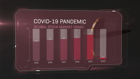 animación del procesamiento de datos financieros de covid-19 sobre una moneda de oro girando contra un fondo negro