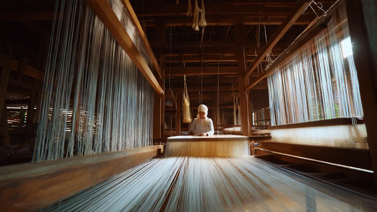 A Master Weaver Skillfully Operates a Traditional Loom, Crafting Intricate Threads with Precision and Care in a Rustic Workshop Bathed in Soft Natural Light
