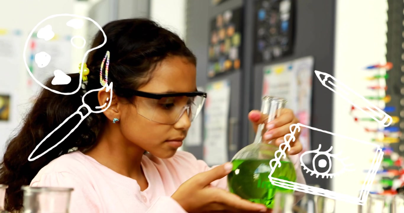 Girl grasping flask in lab, examining green solution clarity and overlaying palette doodles
