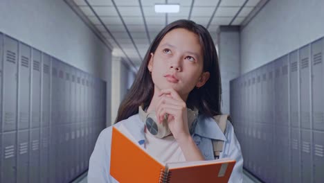 close up of asian teen girl student with a backpack reading book and thinking and looking around then raising her index finger while standing in corridor