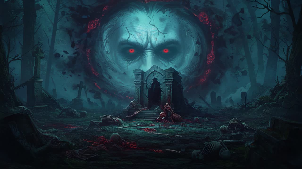 An eerie scene unfolds in a dark forest, where remnants of the past, ominous figures, and a haunting presence converge at a dilapidated graveyard's entrance, evoking chilling emotions