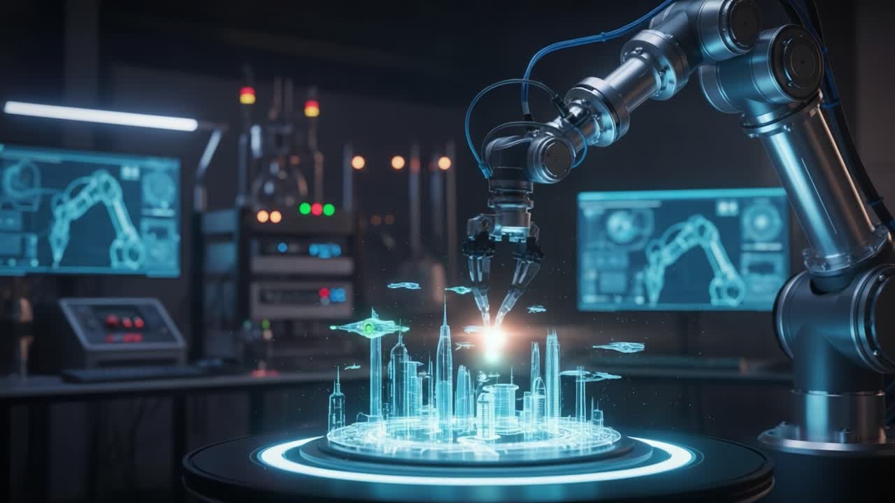 Futuristic Robotic Arm Projecting Holographic Cityscape in a High-Tech Laboratory Environment with Digital Displays and Advanced Technology