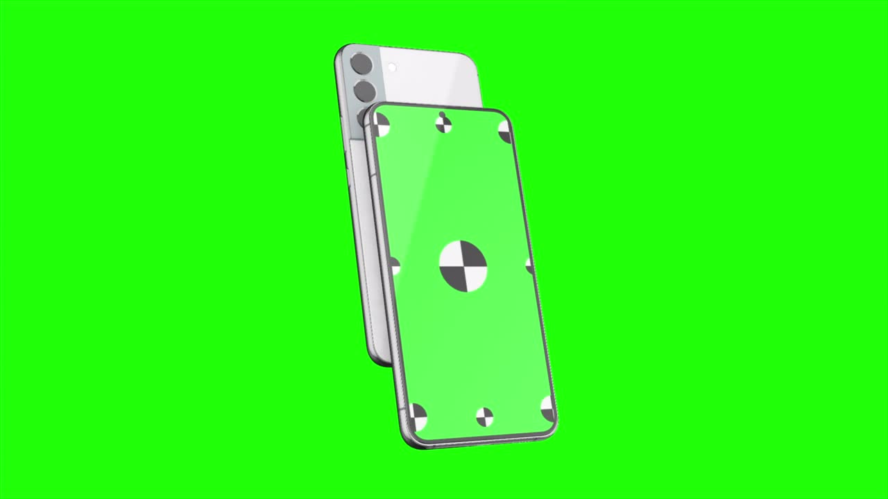 3d render de dos teléfonos inteligentes con un fondo verde. girando en pantalla. con una pantalla verde para una fácil tecla. imagen generada por computadora. fácil de personalizar.