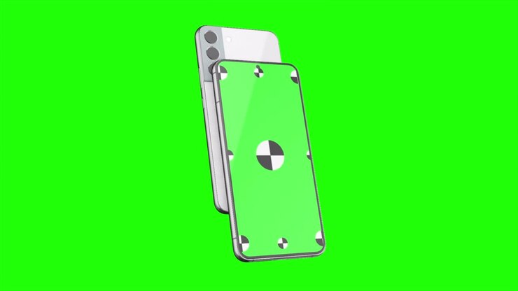 Render 3D di due smartphone con sfondo verde. Che ruotano sullo schermo. Con uno schermo verde per un facile keying. Immagine generata al computer. Facilmente personalizzabile.