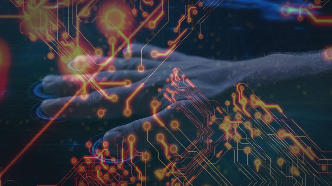 Interacting with animation, hands on digital interface with circuit patterns in blue light