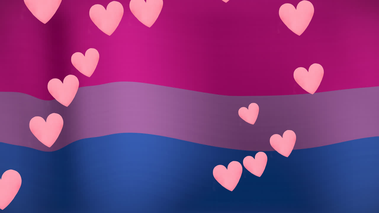 animación de iconos de corazones sobre la bandera del orgullo bisexual