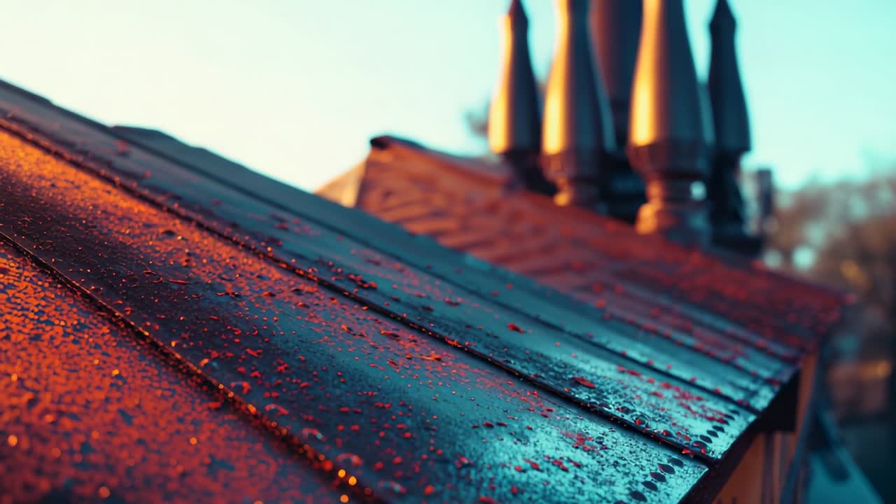 Starting camera panning closeup of wet metal roof edge on roof at sunrise, revealing chimney flues