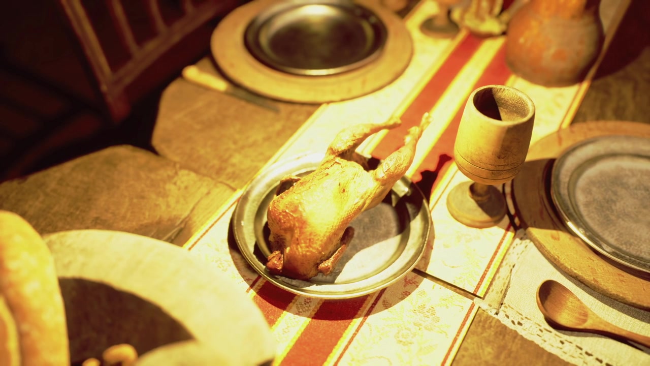 Warm evening feast with baked poultry served on vintage tableware