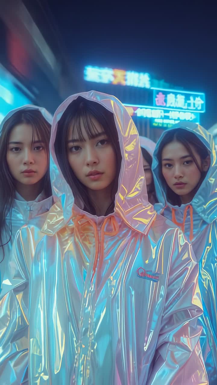 Vertical video: Stepping into frame women wearing silver jackets under neon-lit Chinese sign