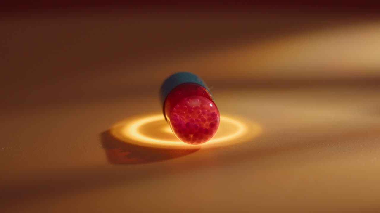 red and blue vitamin antibiotics drugs pill isolated rotate with golden light energy healinghealthcare, pharmaceutical industry, drug use, macro close up