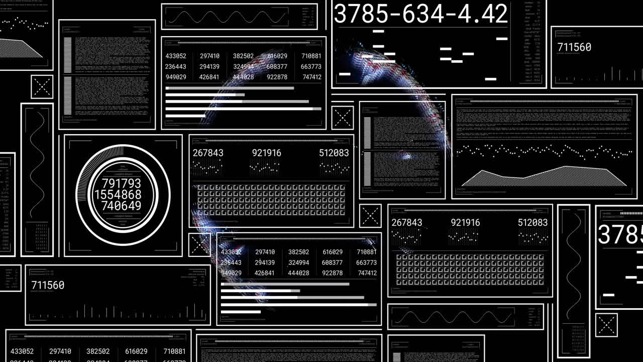 анимация цифровой обработки данных через различные числовые и графические интерфейсы
